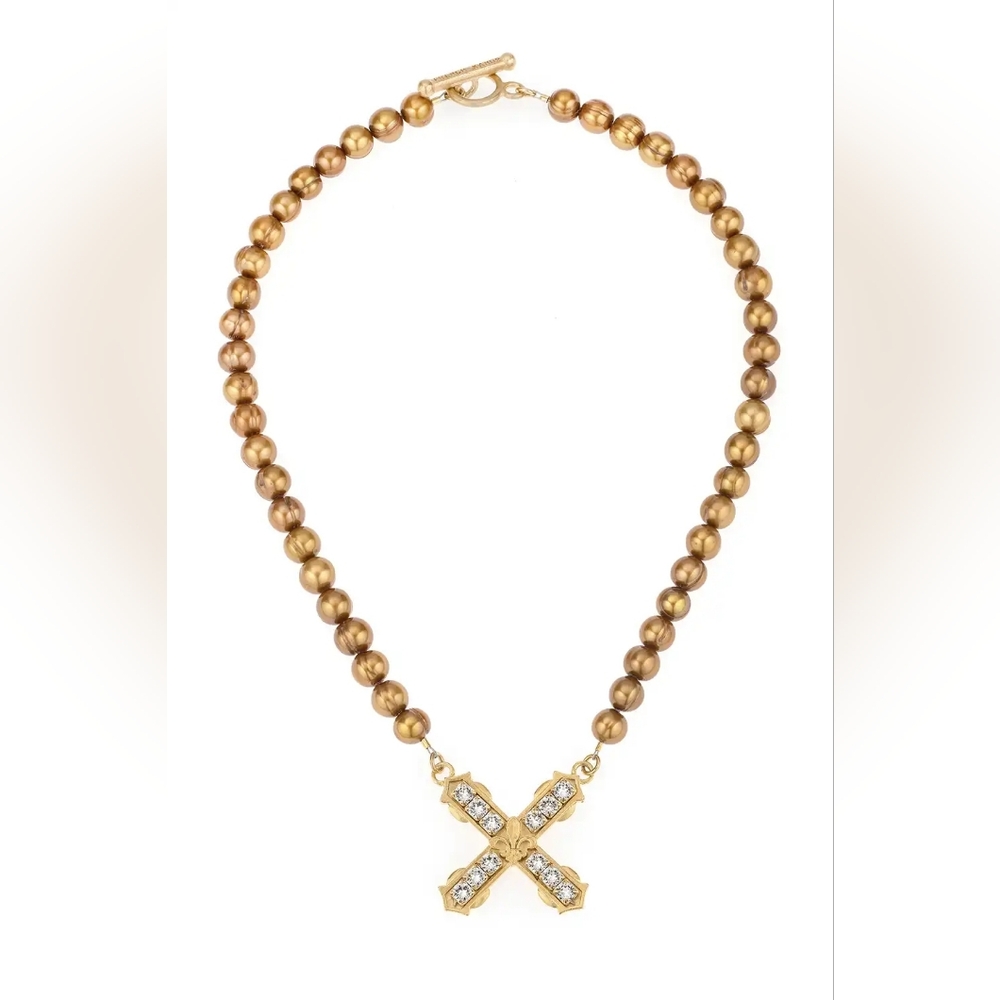 Gold and Bronze Beaded Necklace with Cross Pendant - Picture 1 of 5